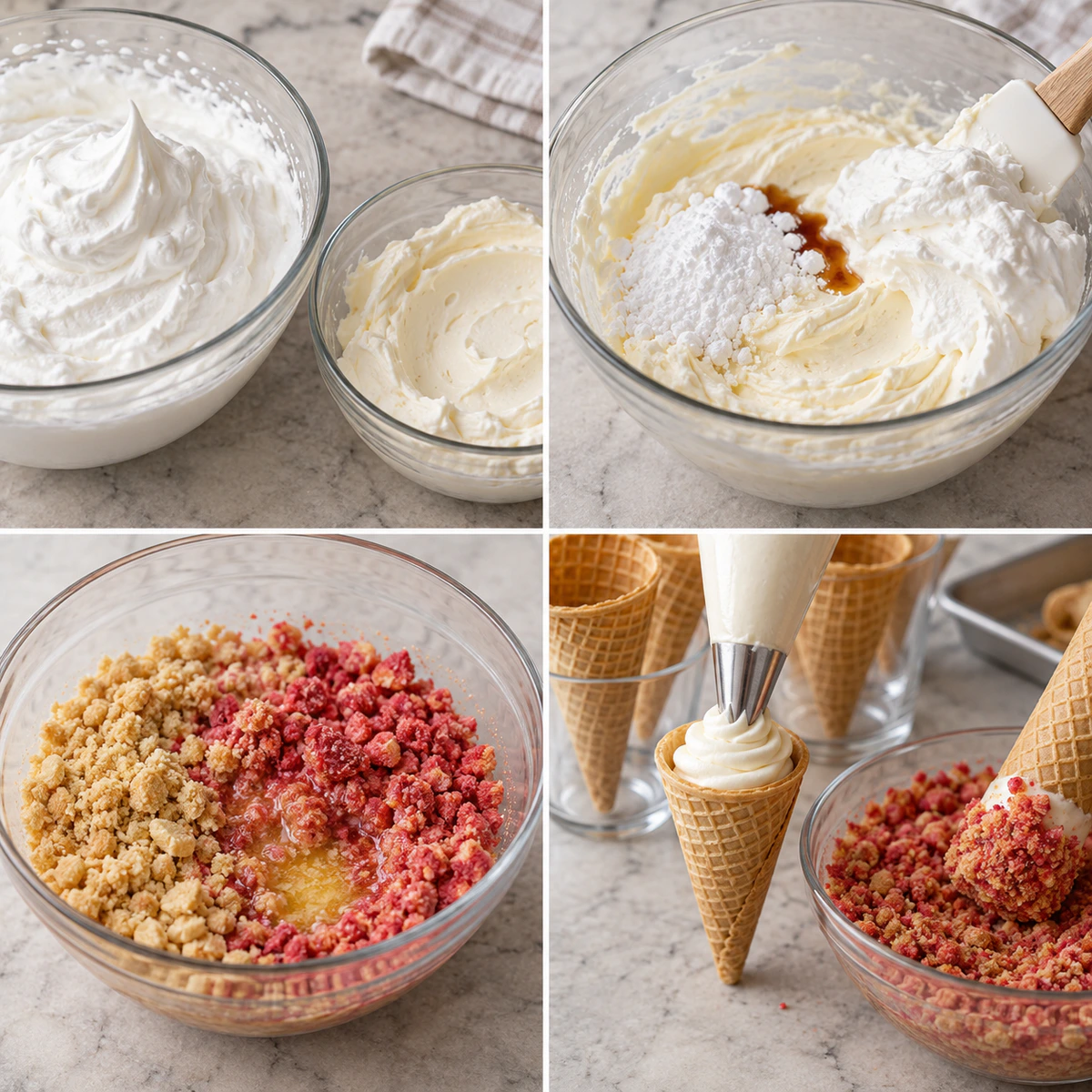 Four chronological preparation stages for Strawberry Crunch Cheesecake Cones