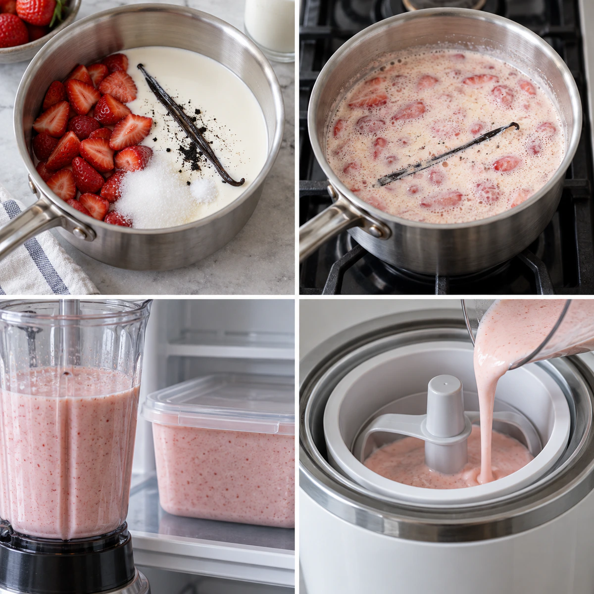 Four chronological preparation stages for Strawberry Vanilla Bean Ice Cream