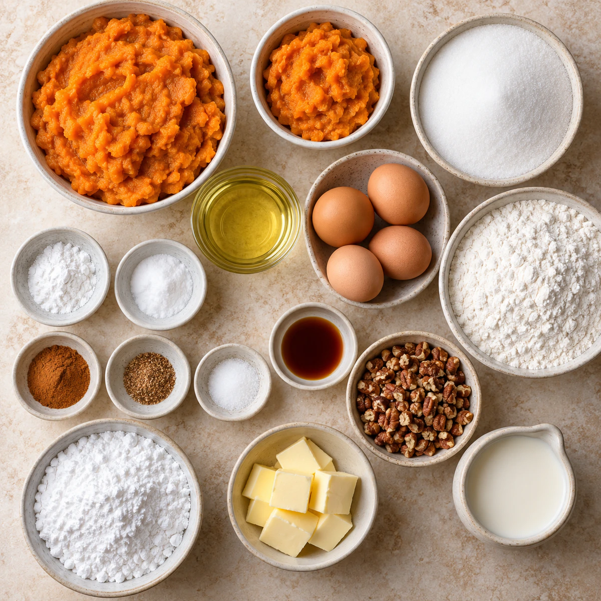 Exact measured ingredients for Sweet Potato Honeybun Cake with Pecans & Sweet Potato Icing