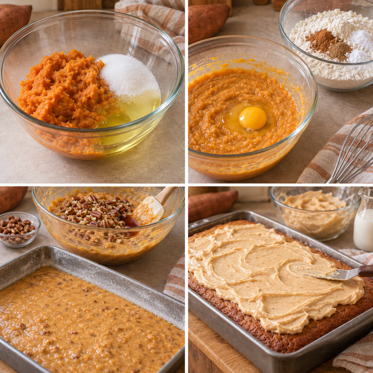 Four chronological preparation stages for Sweet Potato Honeybun Cake with Pecans & Sweet Potato Icing
