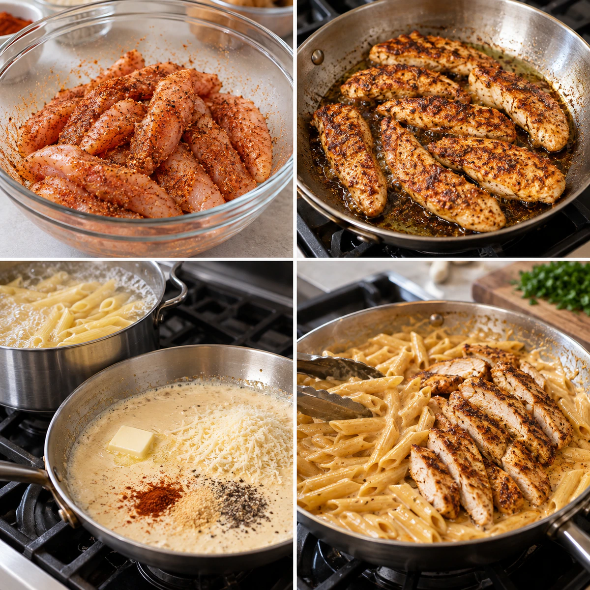 Four chronological preparation stages for Creamy Cajun Chicken Pasta