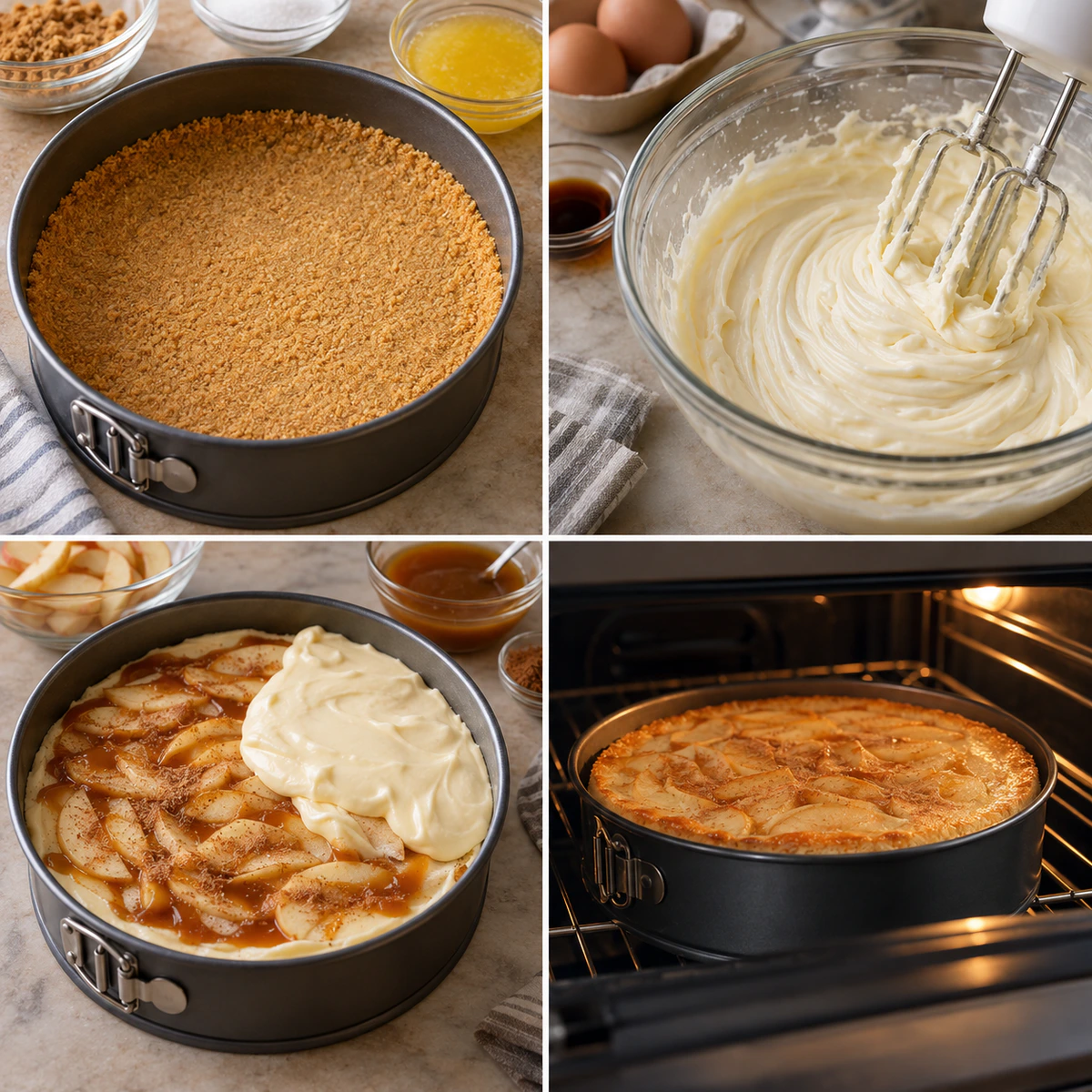 Four chronological preparation stages for Easy Caramel Apple Cheesecake