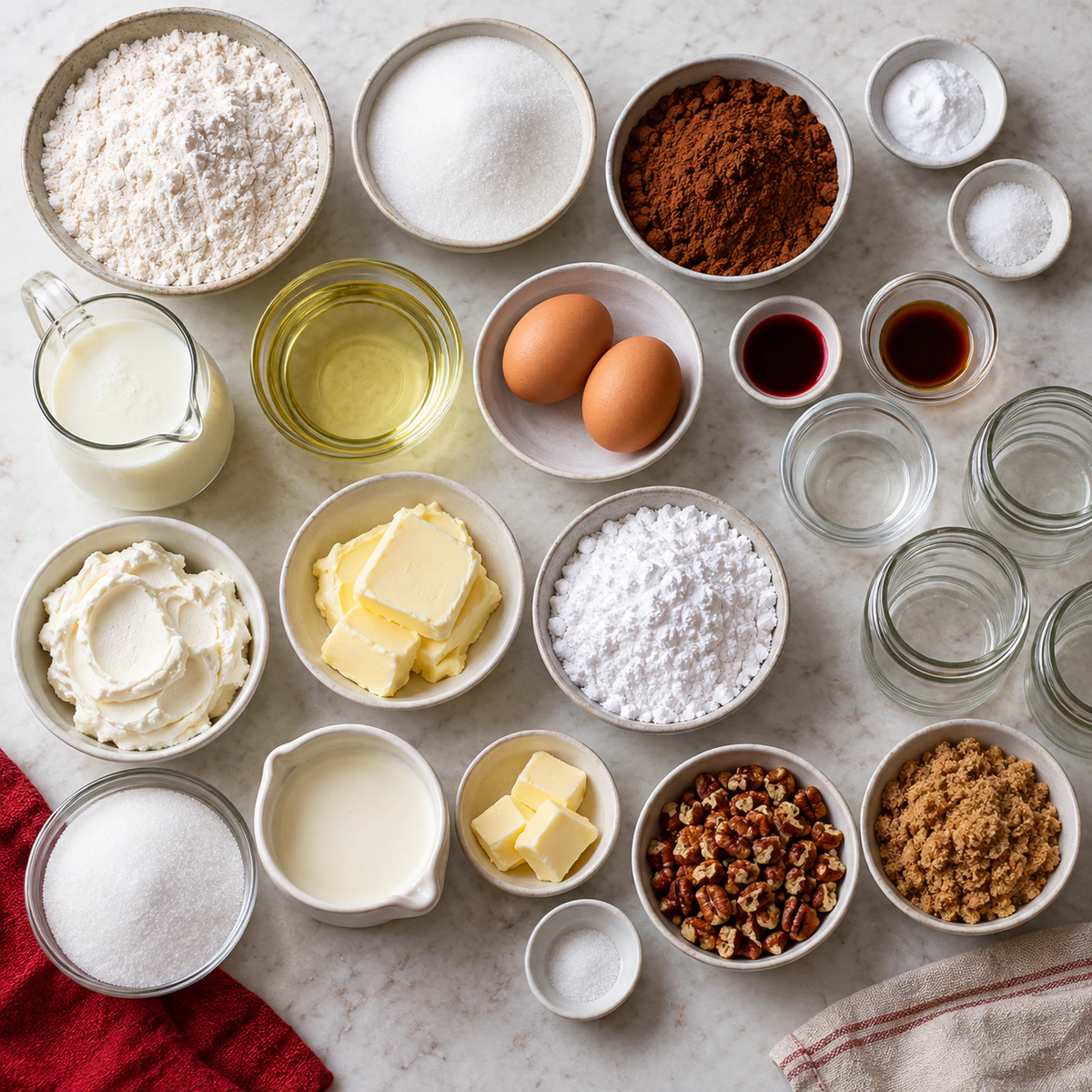 Exact measured ingredients for Mini Red Velvet Caramel Pecan Cake Jars