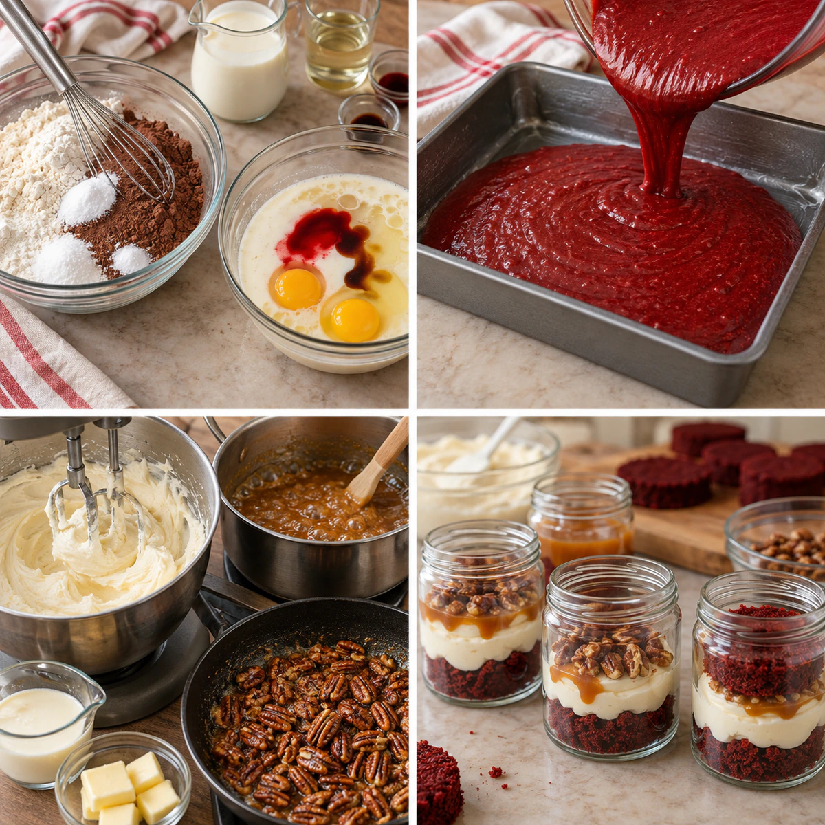 Four chronological preparation stages for Mini Red Velvet Caramel Pecan Cake Jars