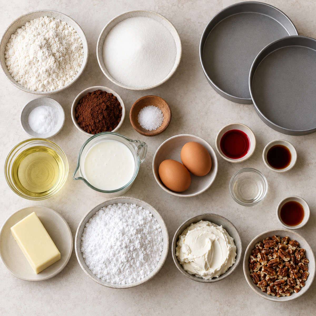 Exact measured ingredients for Red Velvet Cake with Brown Butter Pecan Frosting