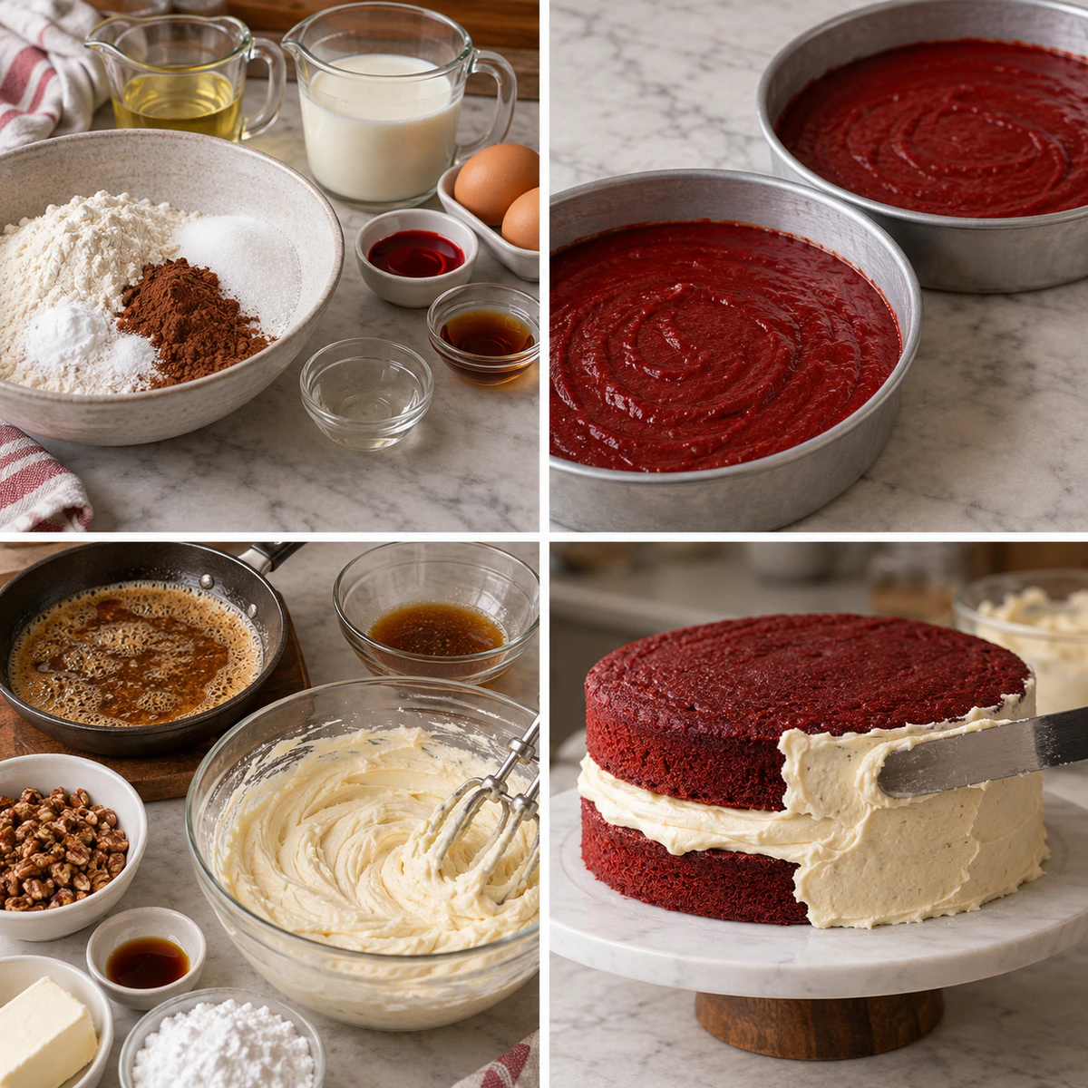 Four chronological preparation stages for Red Velvet Cake with Brown Butter Pecan Frosting