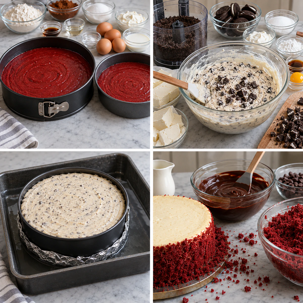 Four chronological preparation stages for Red Velvet Oreo Cheesecake
