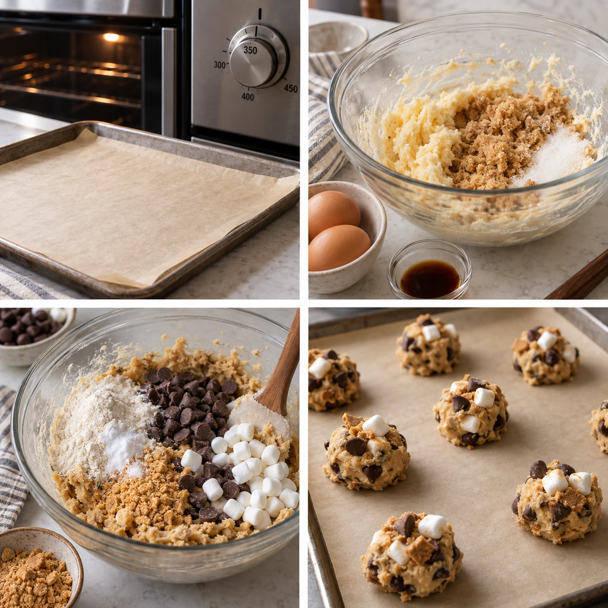 Four chronological preparation stages for Chunky S'more Cookies