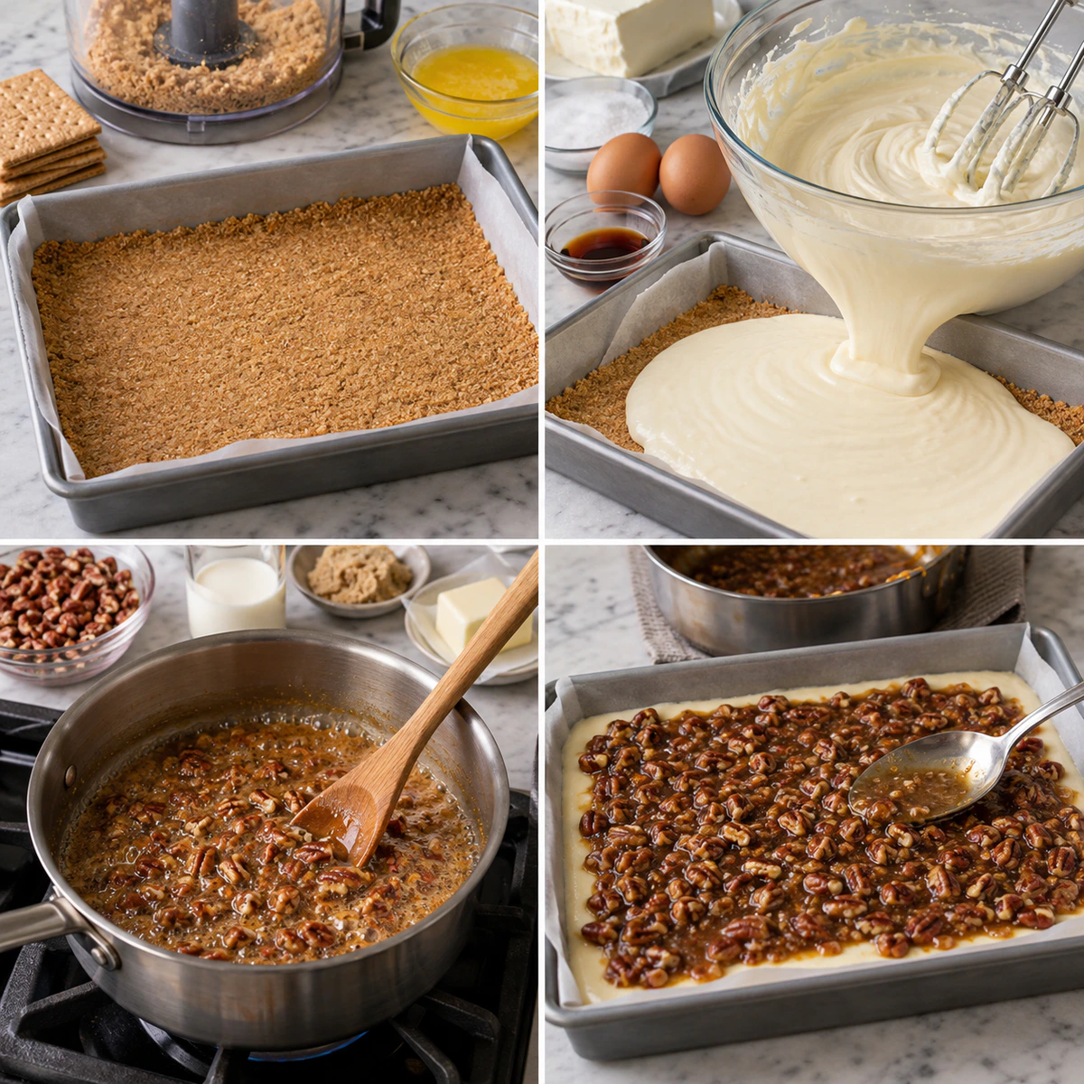 Four chronological preparation stages for Pecan Pie Cheesecake Bars