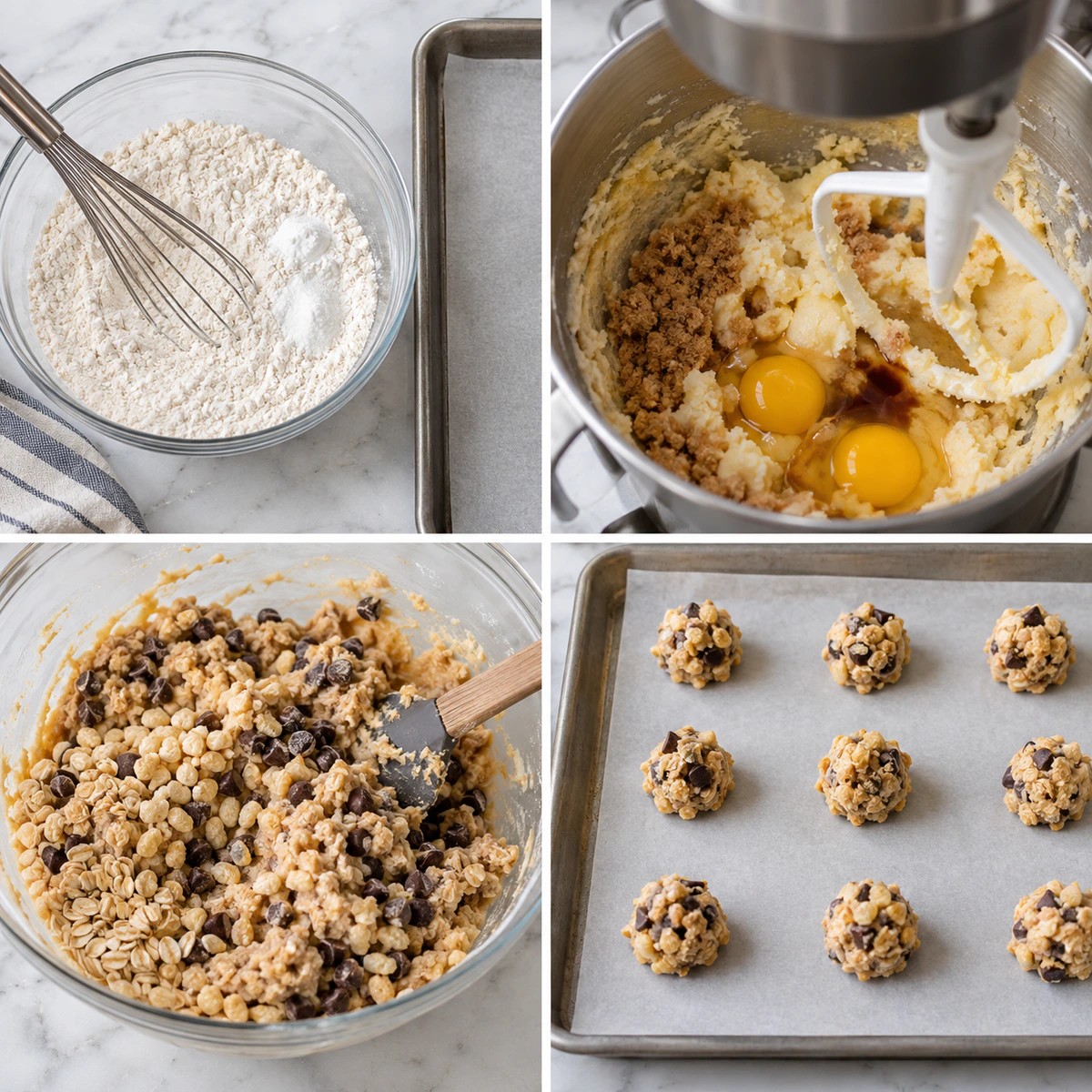 Four chronological preparation stages for Rice Krispie Chocolate Chip Cookies