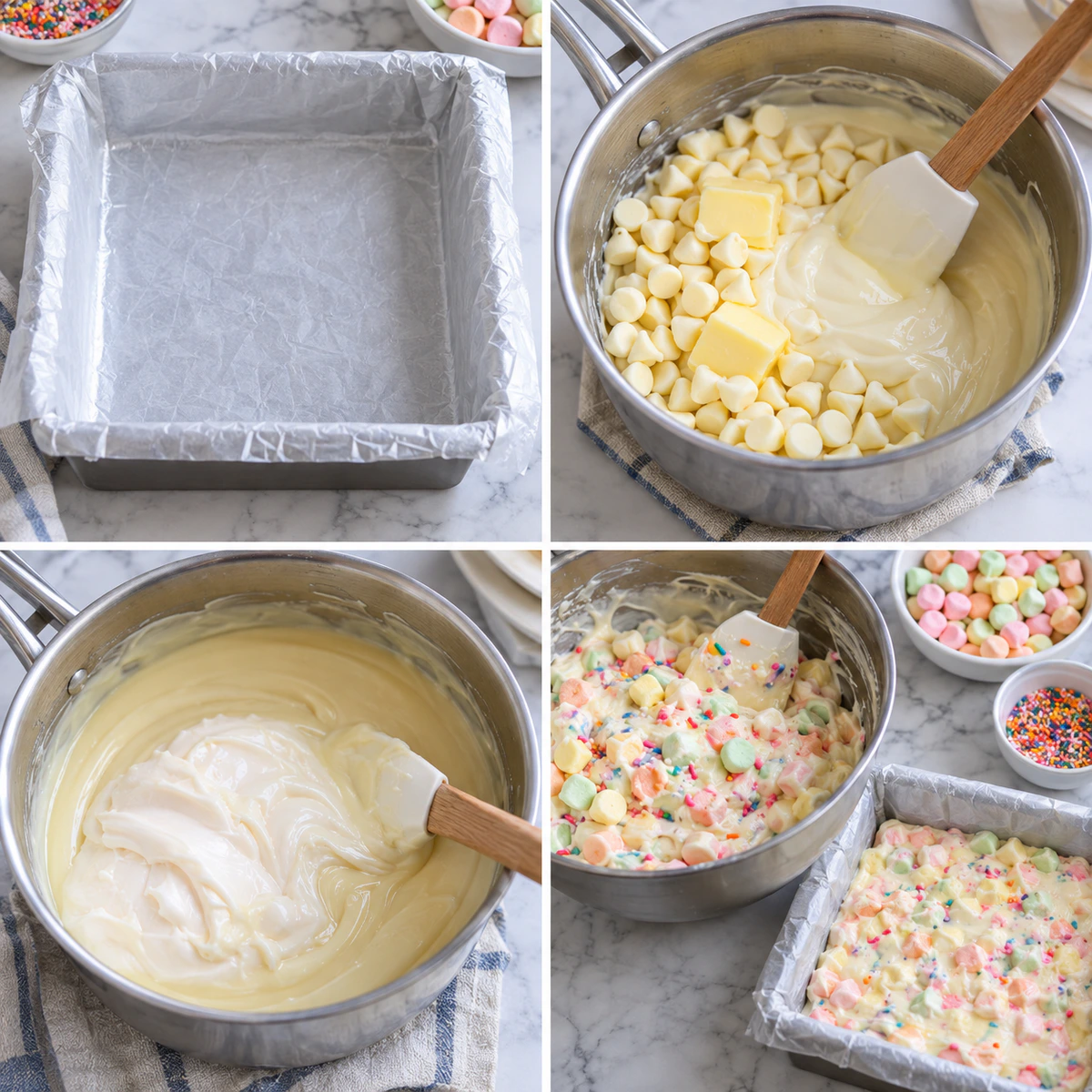 Four chronological preparation stages for Easy Fruity Marshmallow Fudge
