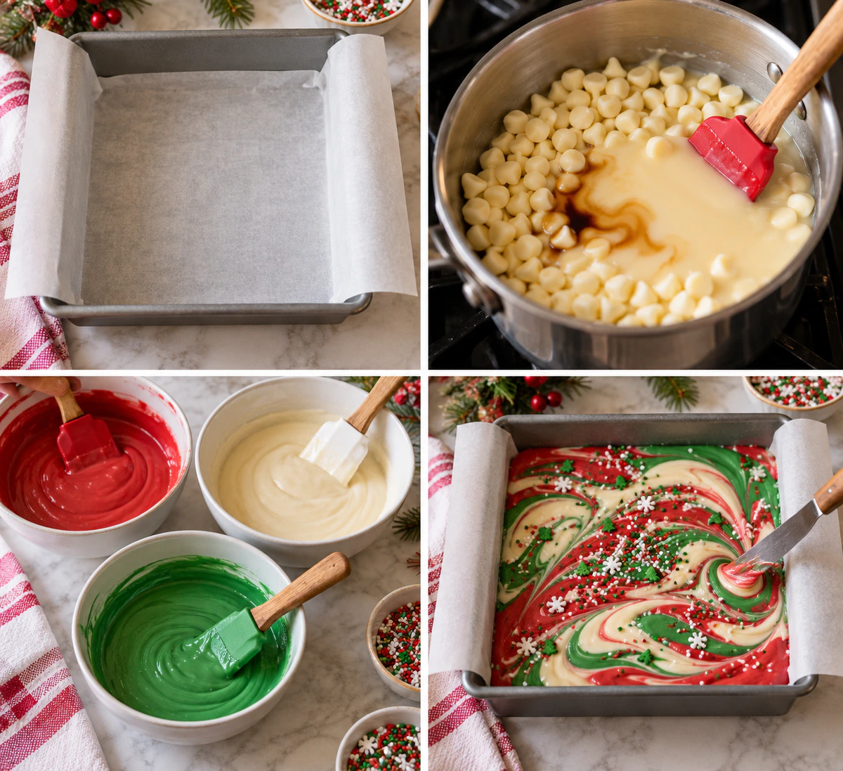 Four chronological preparation stages for Festive Christmas Fudge