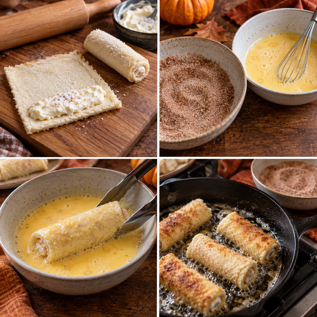 Four chronological preparation stages for Ultimate Fall Cinnamon Roll French Toast Roll-Ups