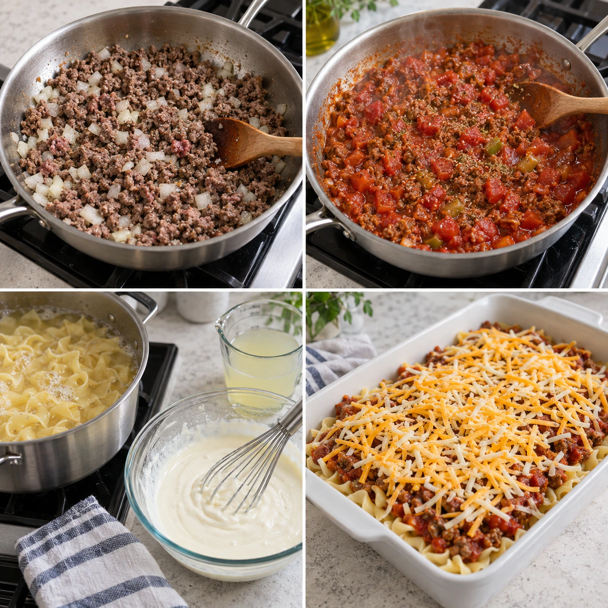 Four chronological preparation stages for Beef Lombardi Casserole