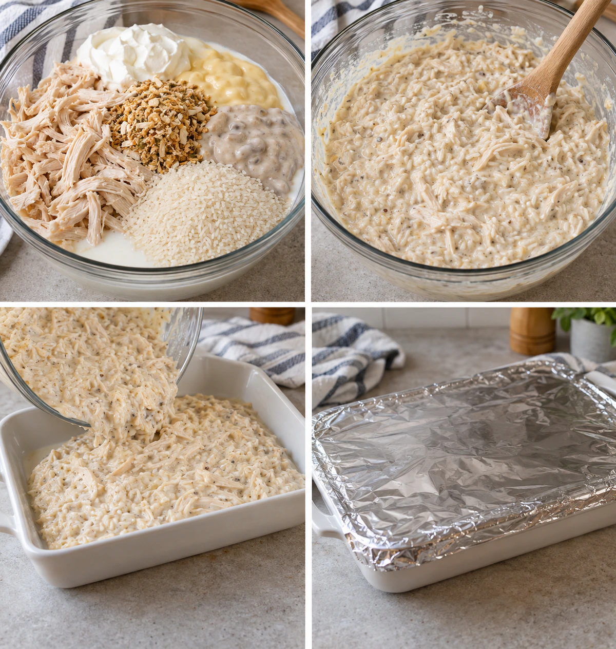 Four chronological preparation stages for Best Ever Chicken and Rice Casserole