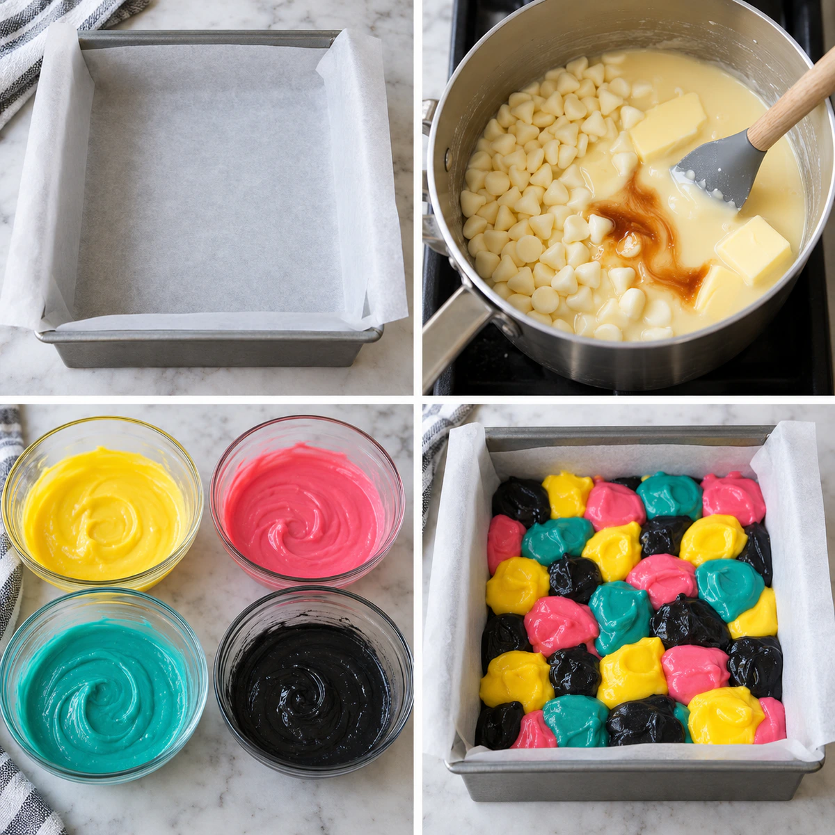 Four chronological preparation stages for Colorful Halloween Fudge