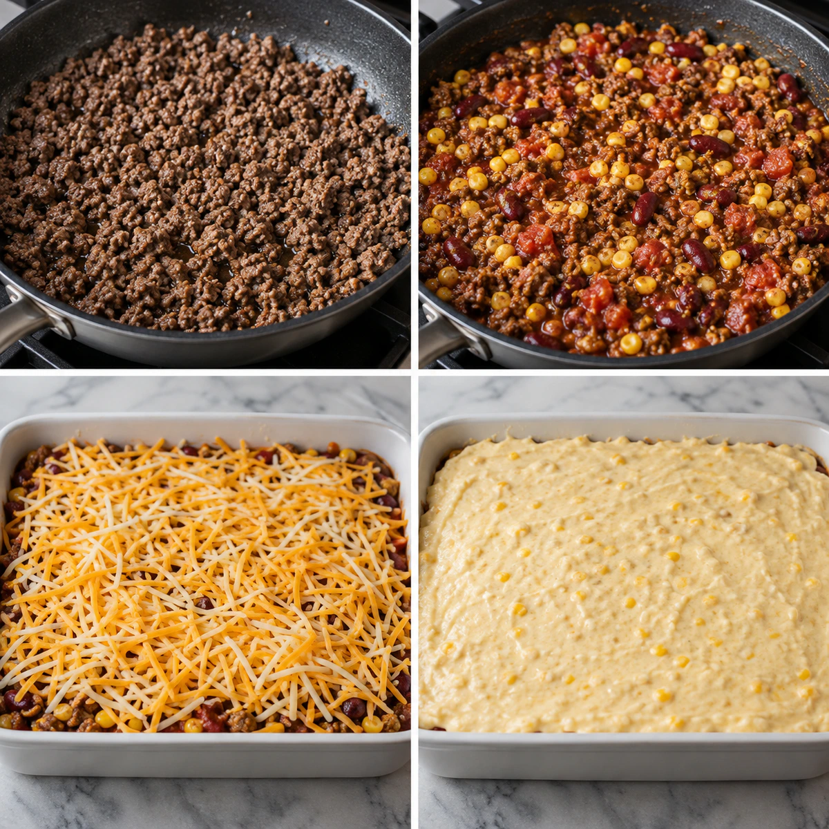 Four chronological preparation stages for Cowboy Cornbread Casserole