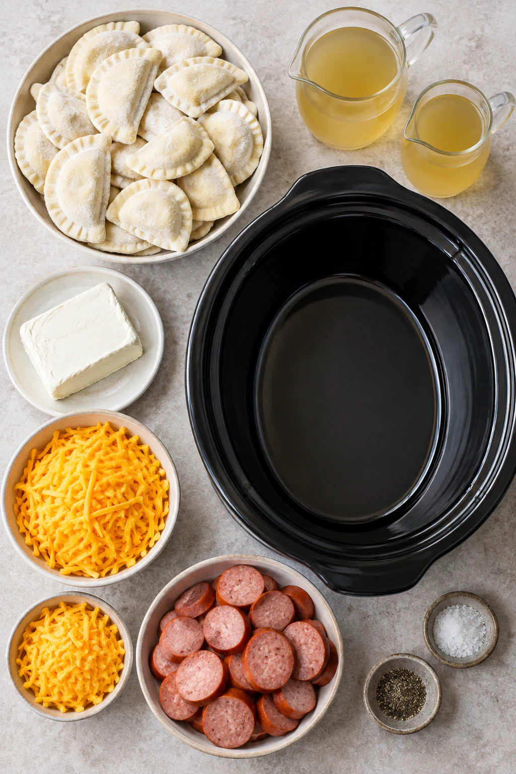 Exact measured ingredients for Crockpot Pierogi Casserole with Kielbasa