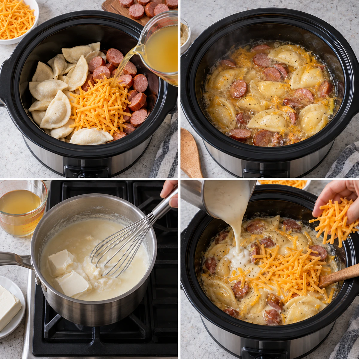 Four chronological preparation stages for Crockpot Pierogi Casserole with Kielbasa