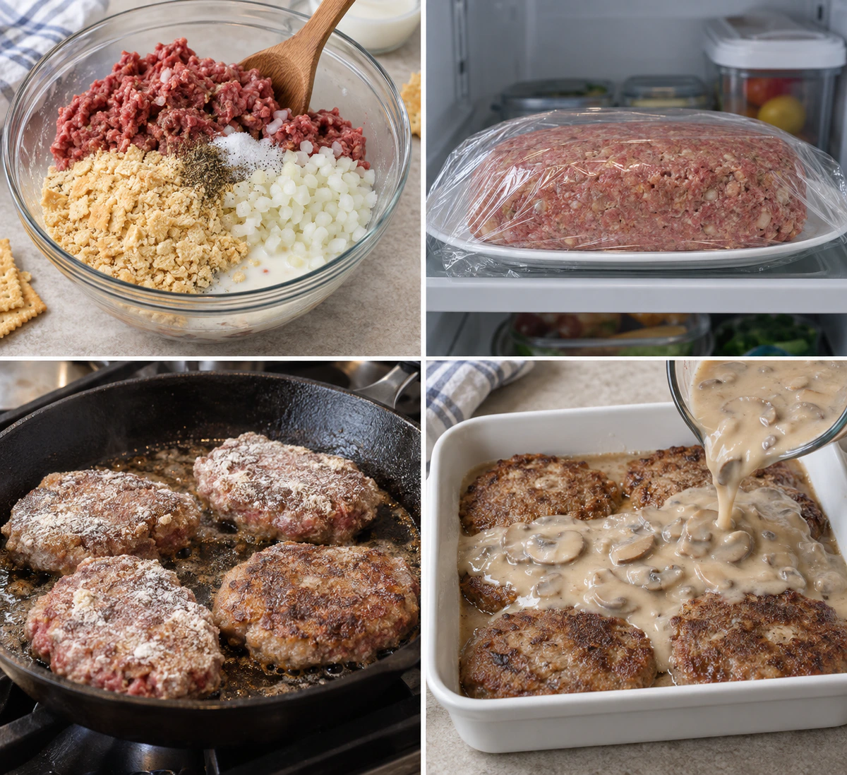 Four chronological preparation stages for Amish Poor Man’s Steak