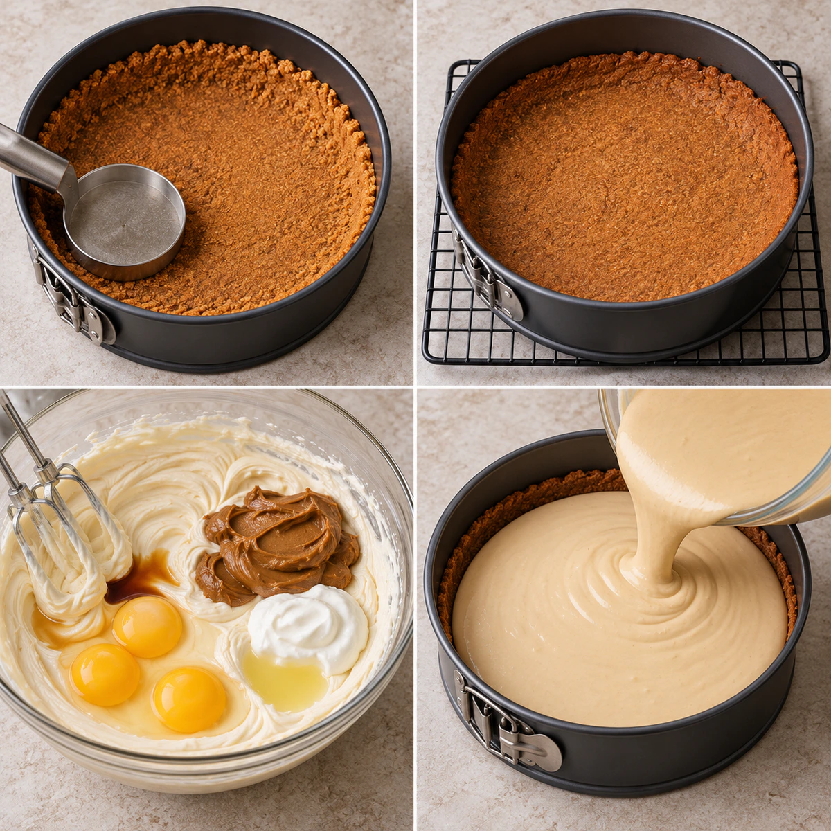 Four chronological preparation stages for Cookie Butter Caramel Cheesecake Slice