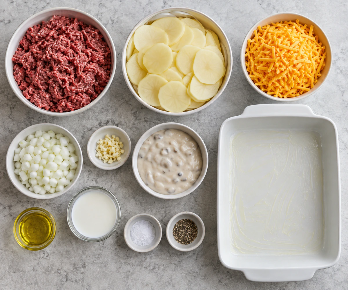 Exact measured ingredients for Easy Hamburger Potato Casserole