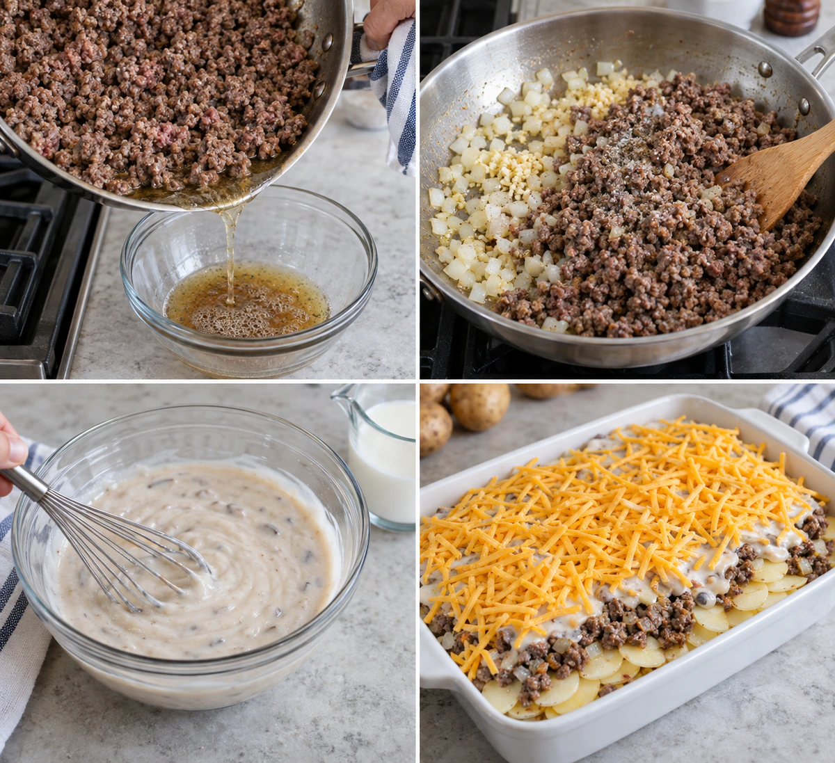 Four chronological preparation stages for Easy Hamburger Potato Casserole