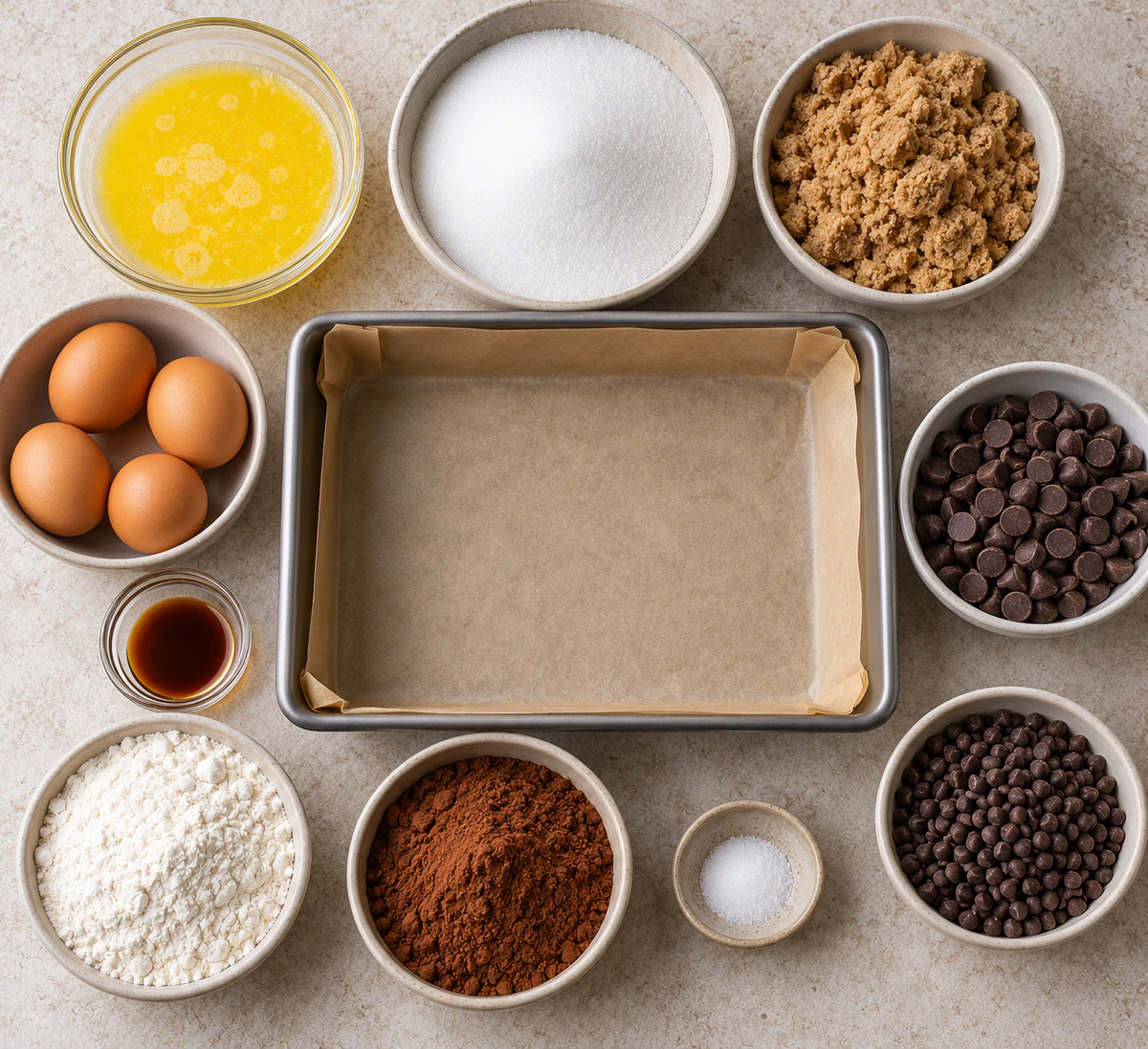 Exact measured ingredients for Gooey Chocolate Chip Cookie Dough Brownie Bars