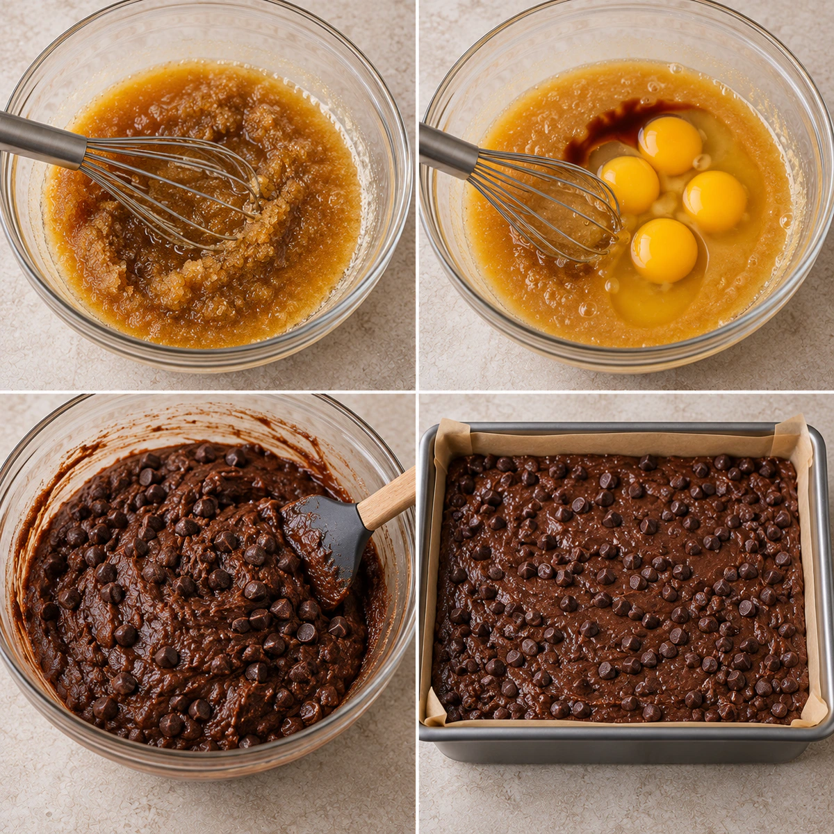 Four chronological preparation stages for Gooey Chocolate Chip Cookie Dough Brownie Bars