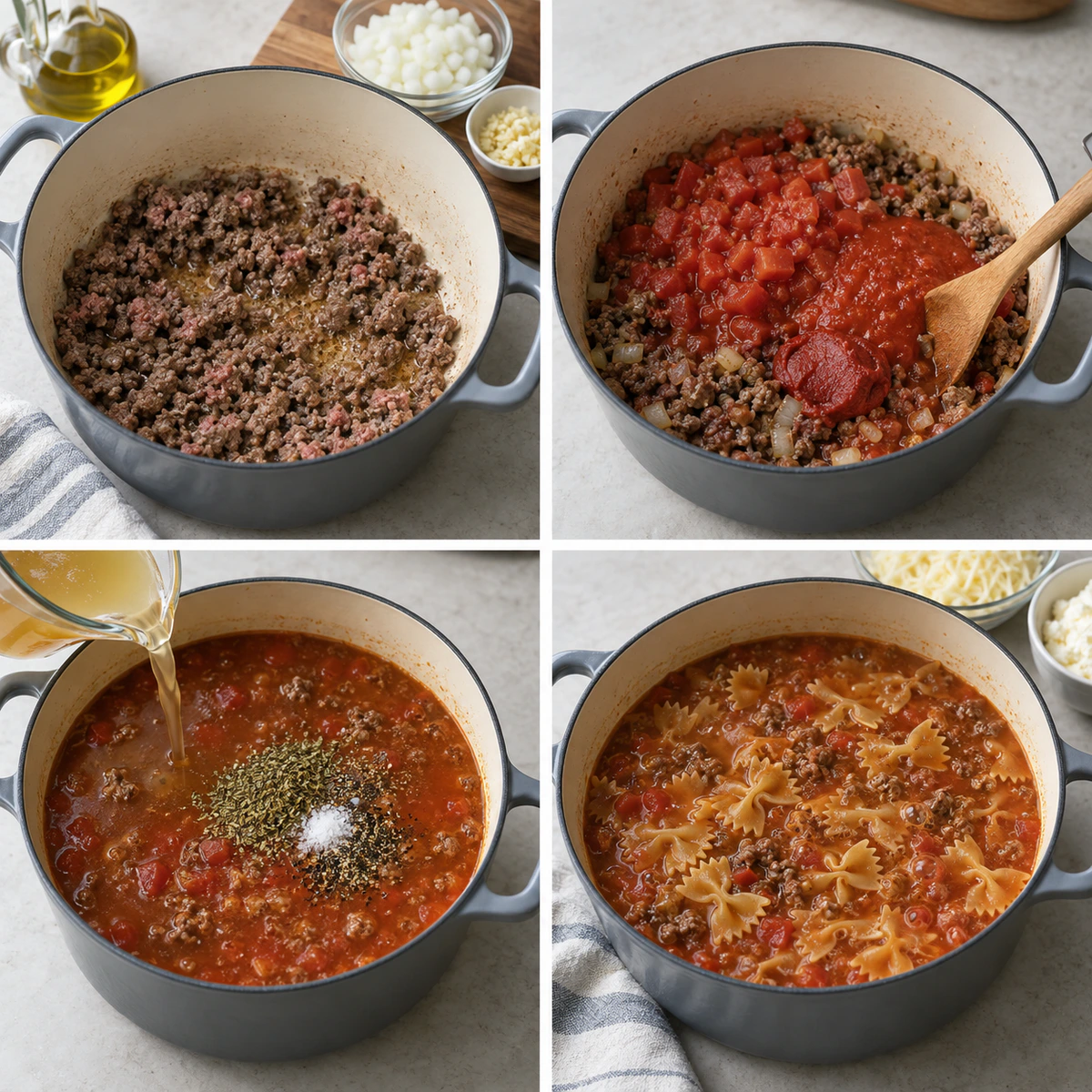 Four chronological preparation stages for Lasagna Soup