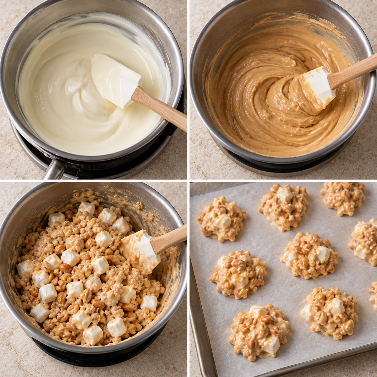 Four chronological preparation stages for Almond Bark Cookies