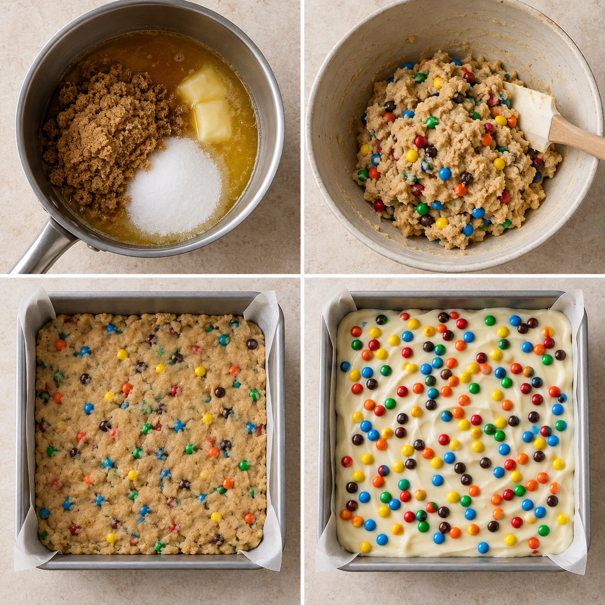 Four chronological preparation stages for M&M Cookie Dough Fudge