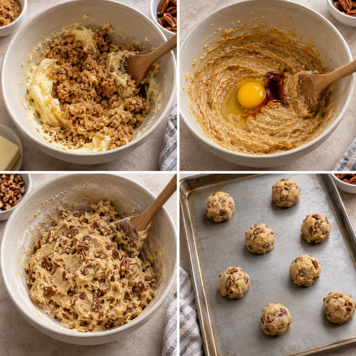 Four chronological preparation stages for Pecan Pie Cookies
