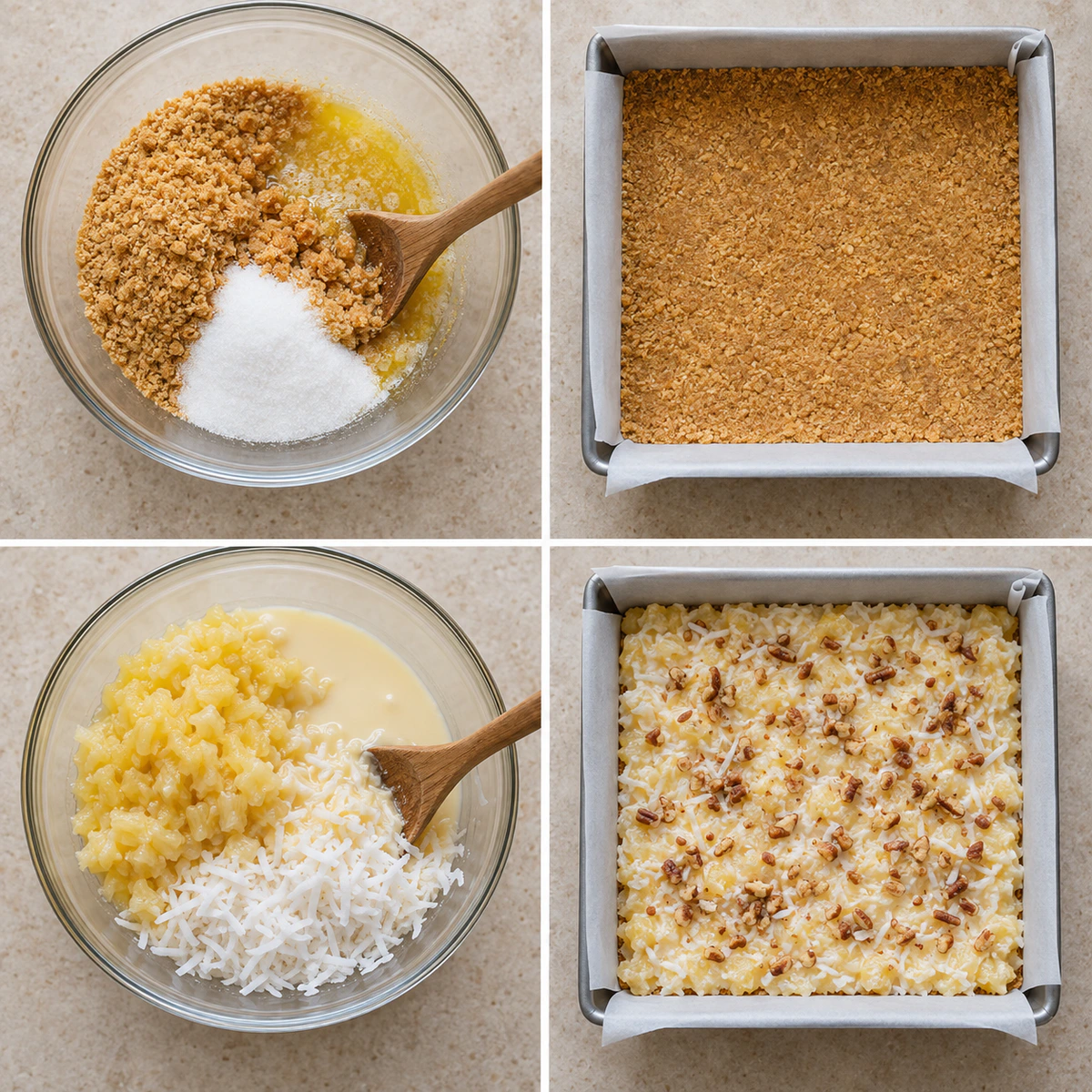 Four chronological preparation stages for Pineapple Coconut Delight Bars