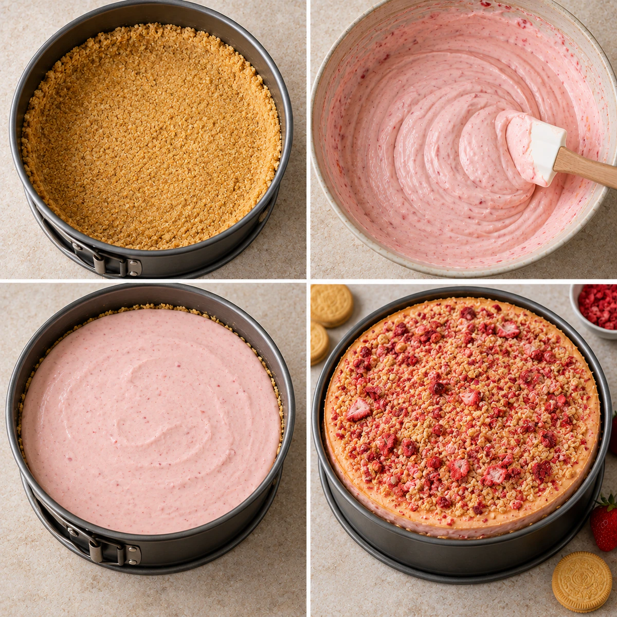 Four chronological preparation stages for Very Strawberry Crunch Cheesecake Slice