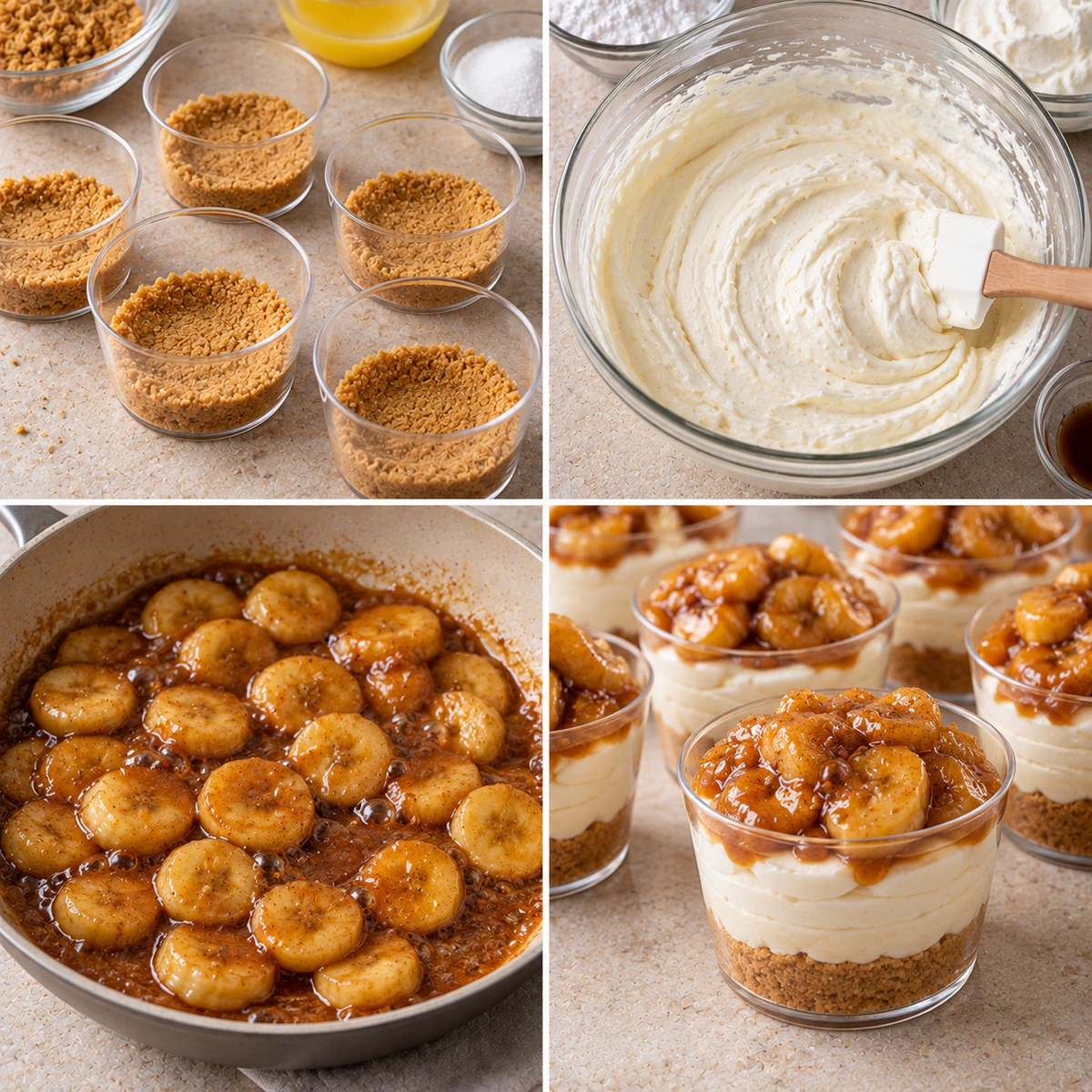 Four chronological preparation stages for Banana Foster Cheesecake Cups