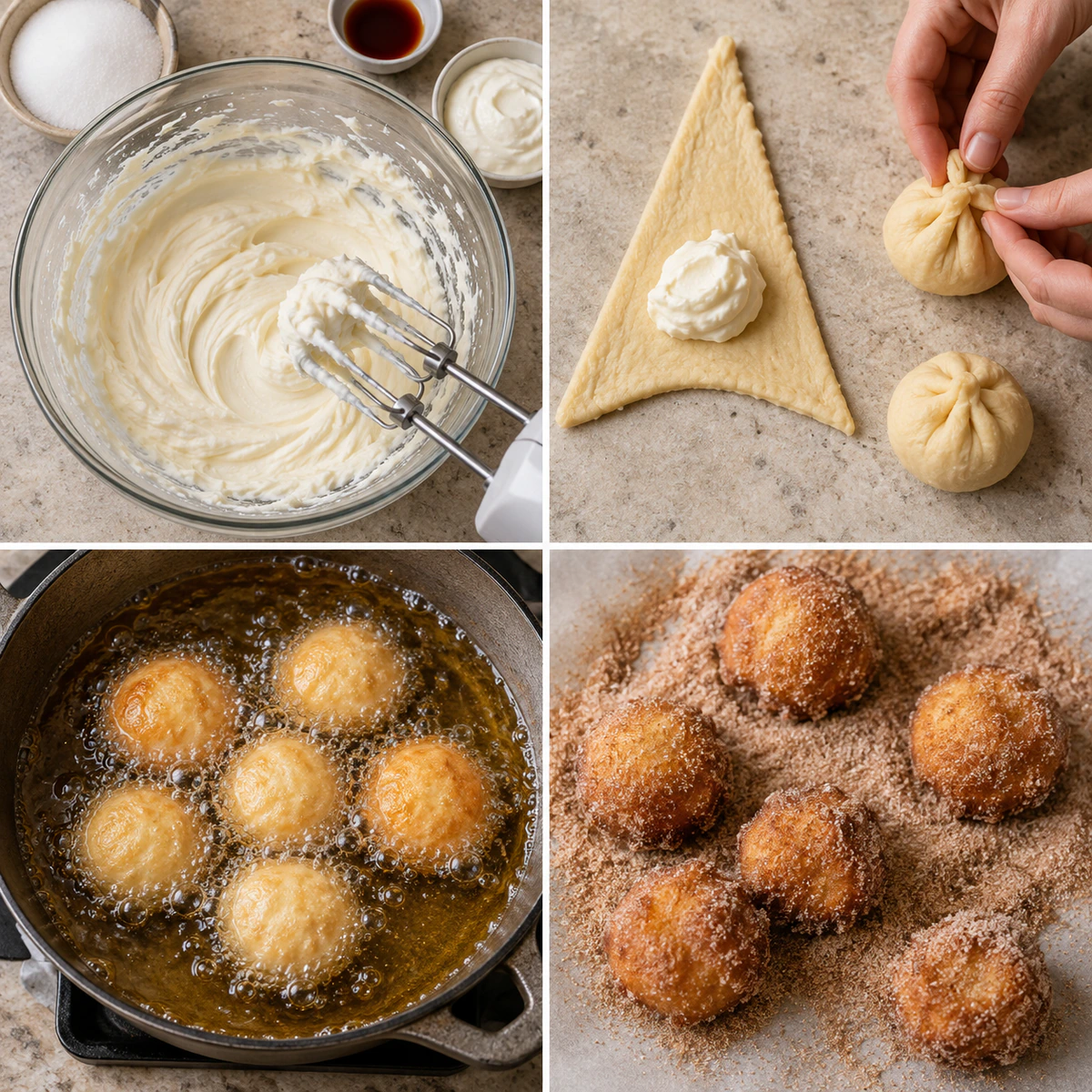 Four chronological preparation stages for Churro Stuffed Cheesecake Bites