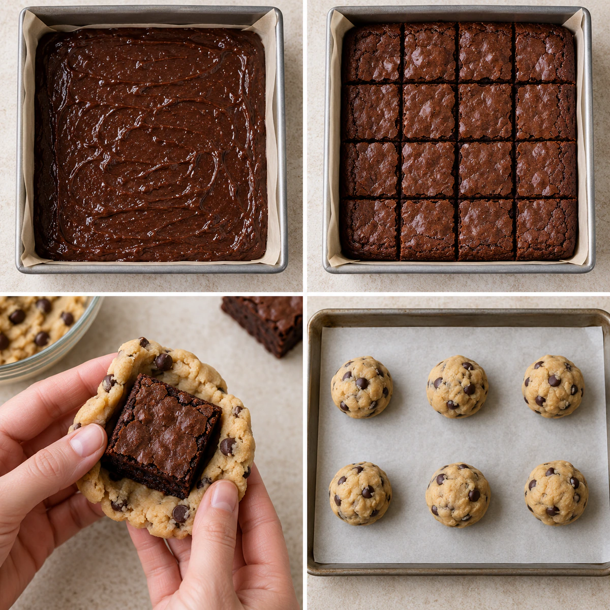 Four chronological preparation stages for Double Chocolate Dream Cookies
