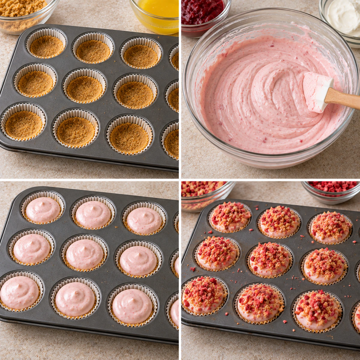 Four chronological preparation stages for Strawberry Crunch Cheesecake Bites