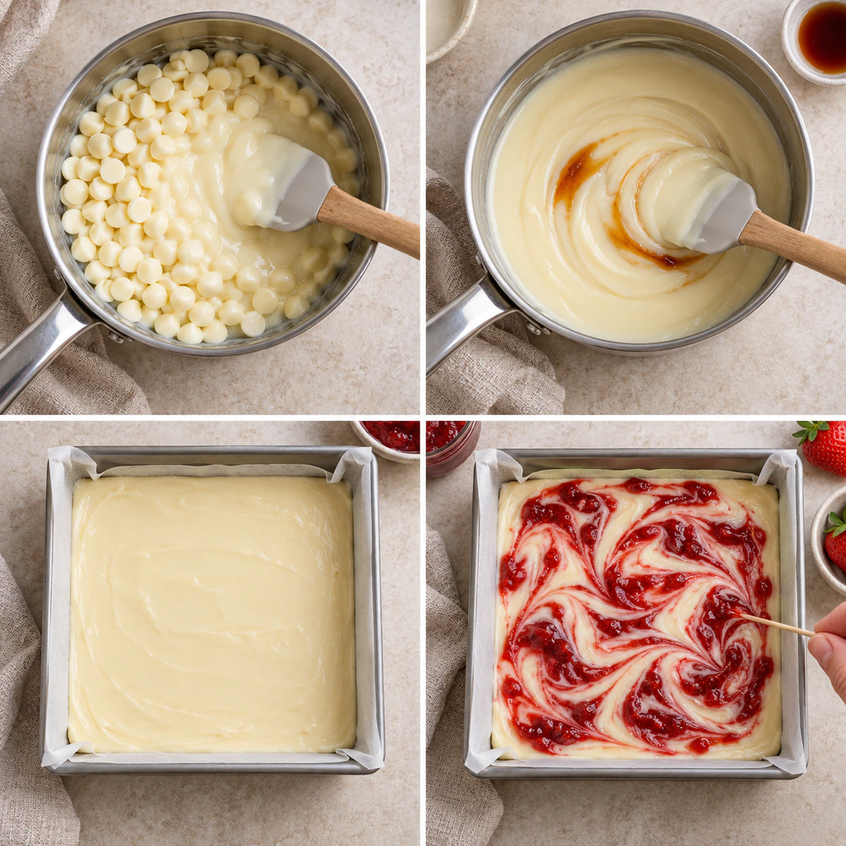 Four chronological preparation stages for Strawberry Swirl Fudge