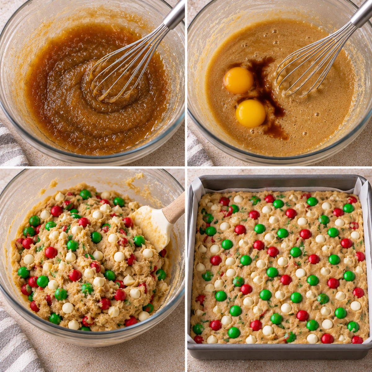 Four chronological preparation stages for Christmas Cookie Bars