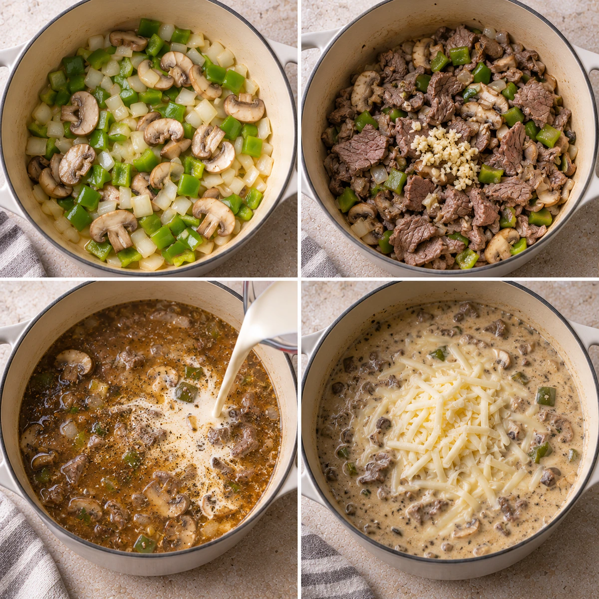 Four chronological preparation stages for Philly Cheese Steak Soup