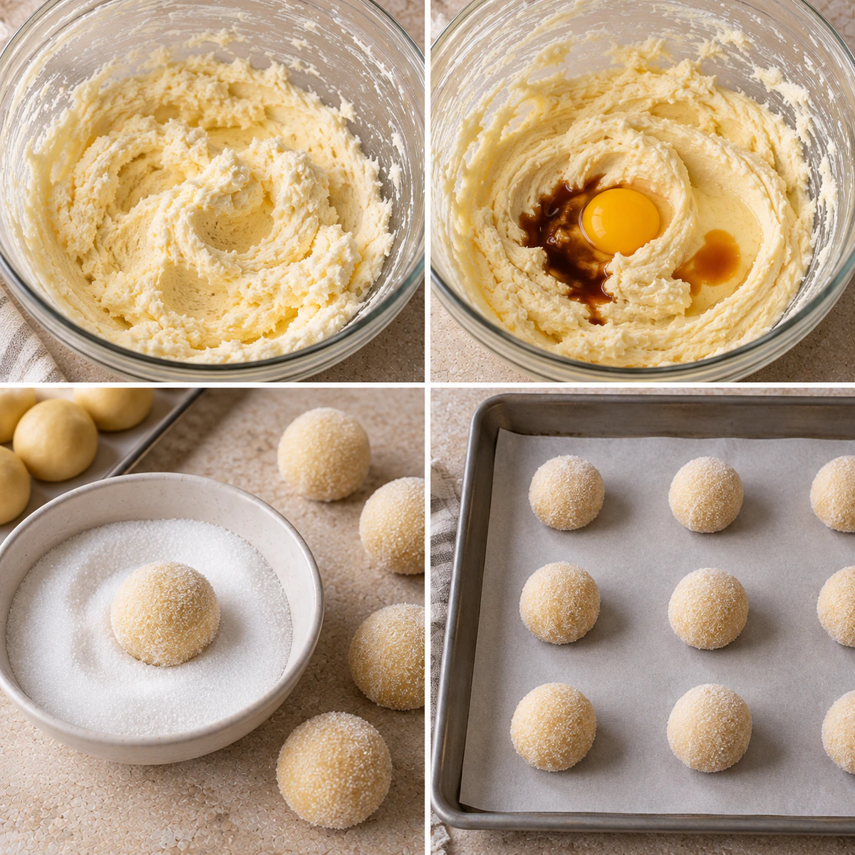 Four chronological preparation stages for Soft and Chewy Sugar Cookies