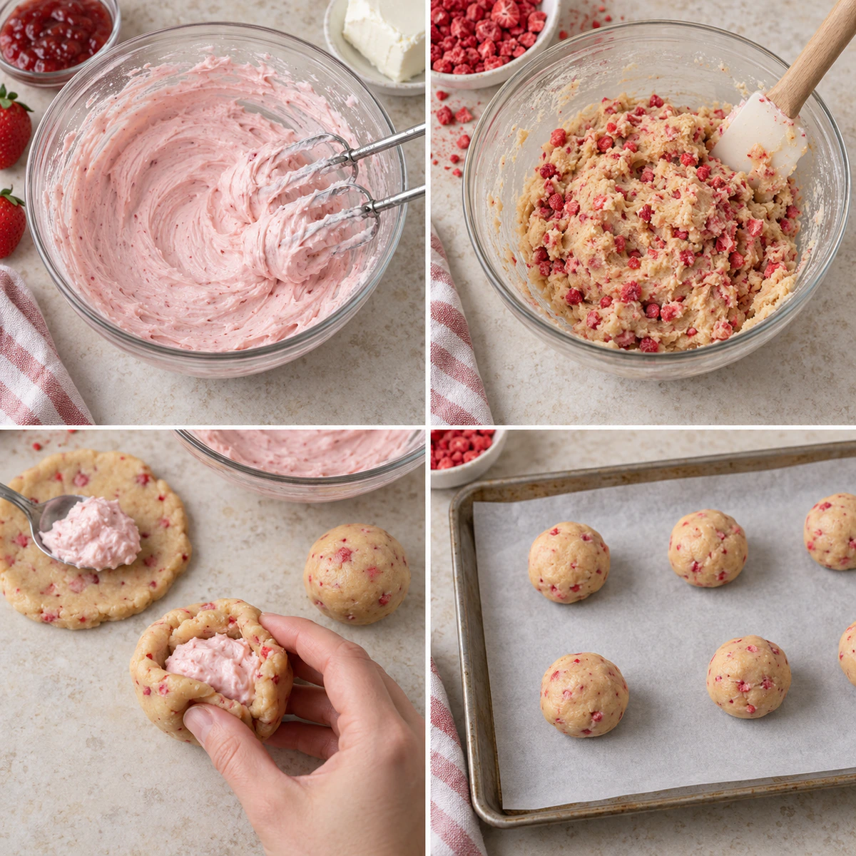 Four chronological preparation stages for Strawberry Cheesecake Stuffed Cookies