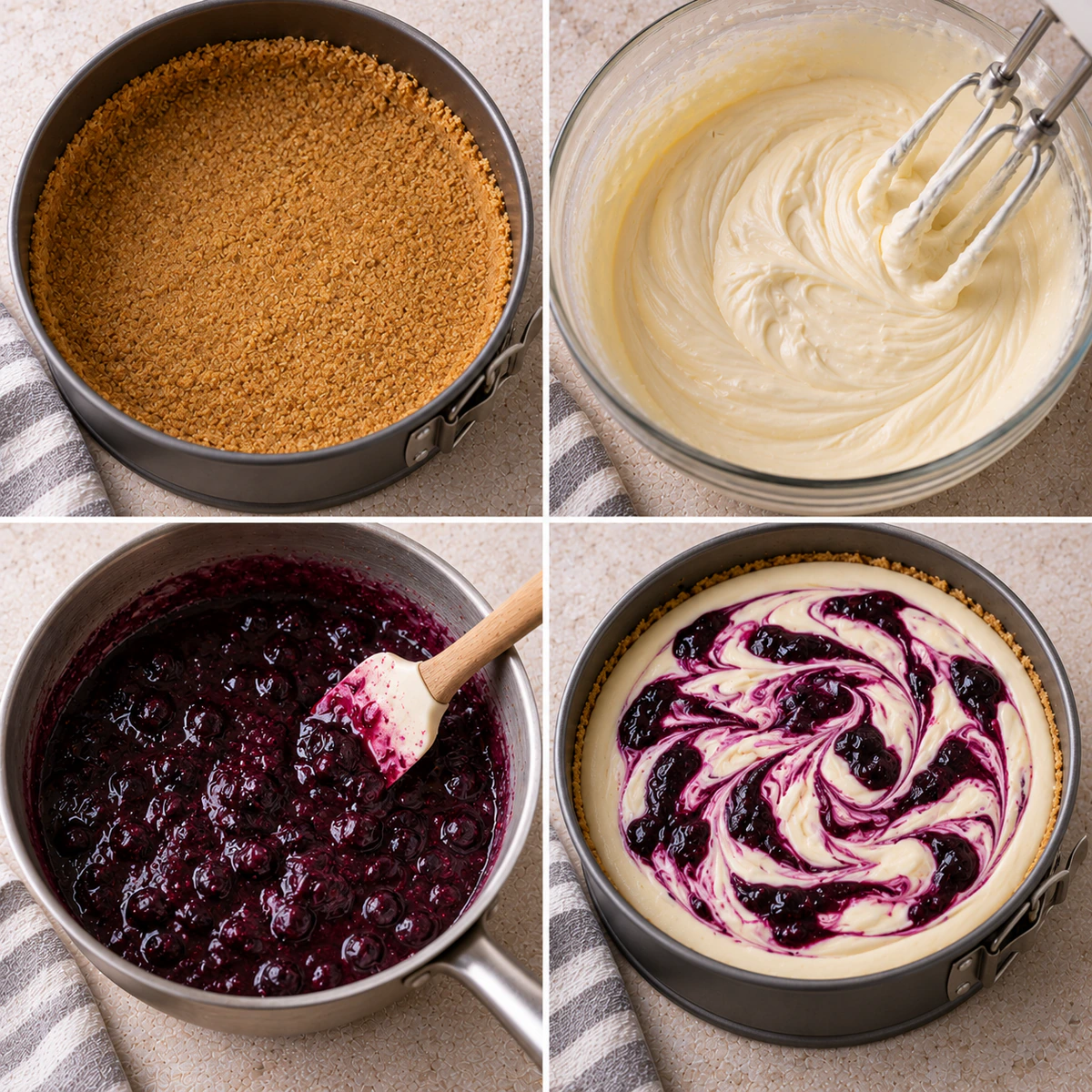 Four chronological preparation stages for Blueberry Swirl Cheesecake