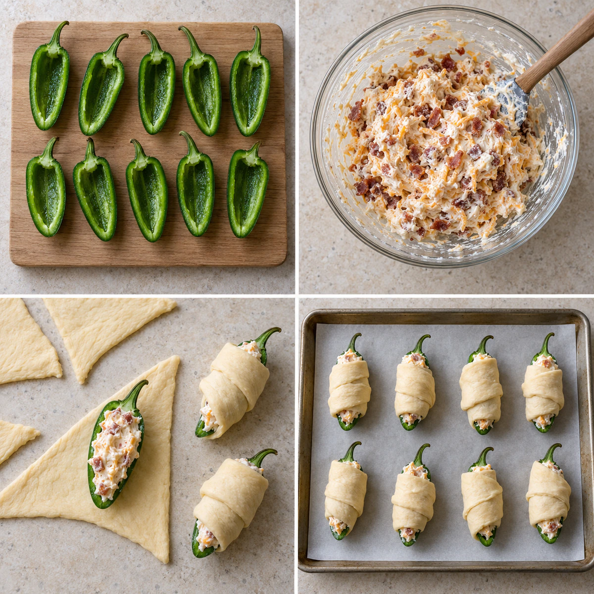 Four chronological preparation stages for Jalapeno Popper Crescent Rolls