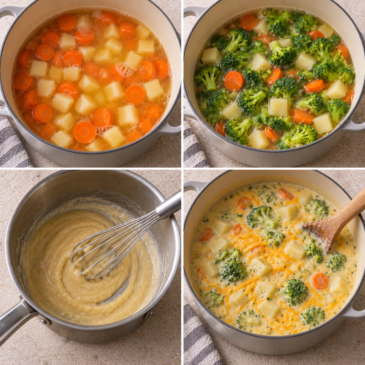 Four chronological preparation stages for Loaded Broccoli Potato Soup