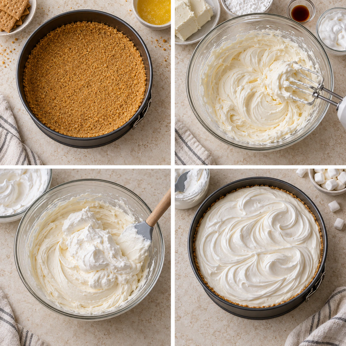 Four chronological preparation stages for Marshmallow Whip Cheesecake Heaven