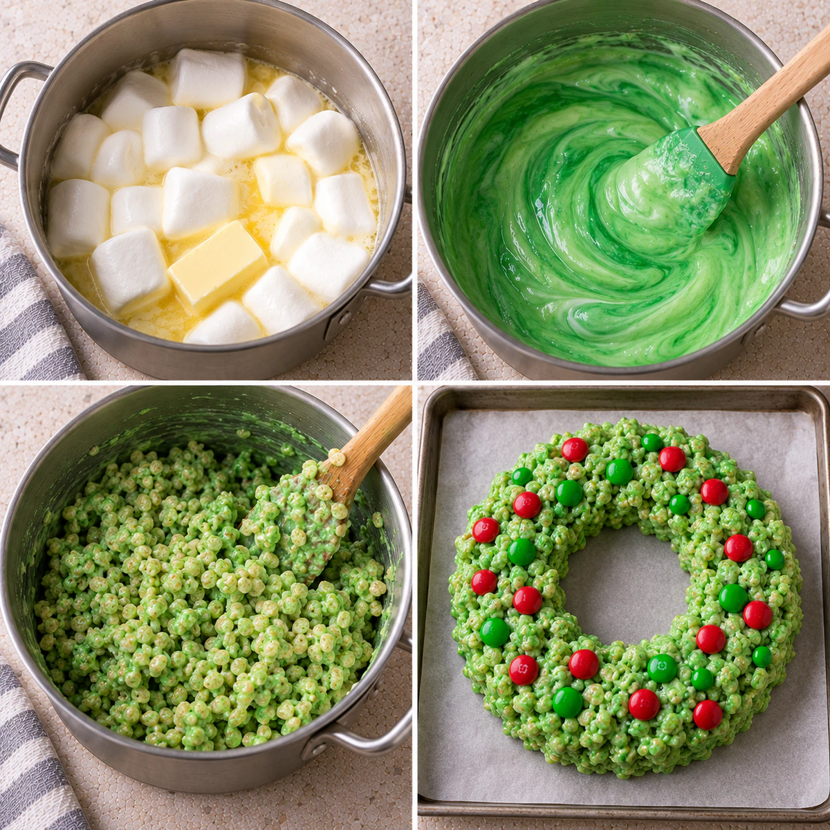 Four chronological preparation stages for Rice Krispie Wreaths