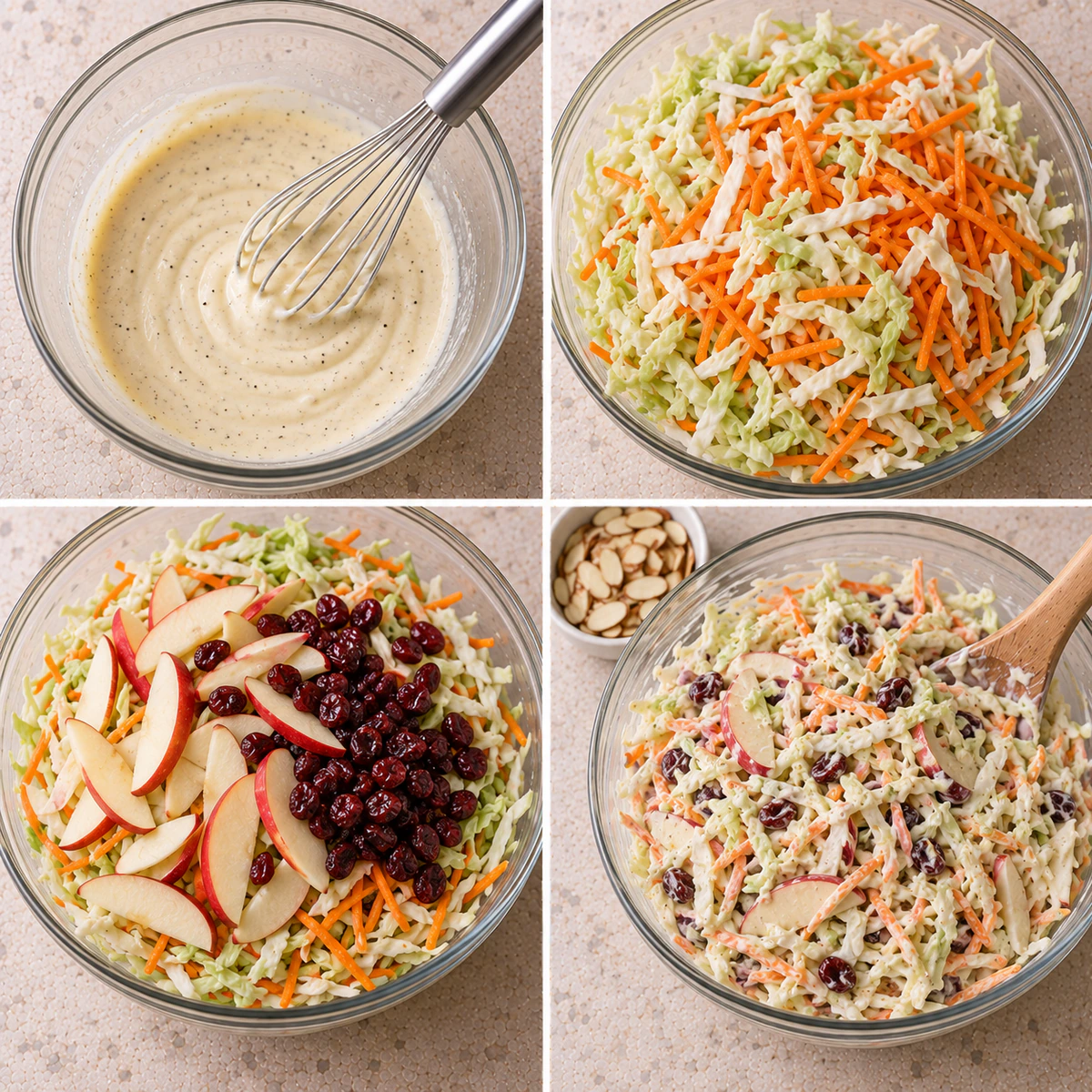 Four chronological preparation stages for Apple Cranberry Coleslaw